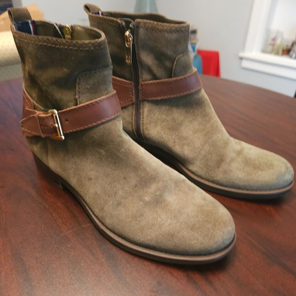 Tommy Hilfiger Boots 10m Suede Wooden Block Buckle Ankle Booties Velvet lining
